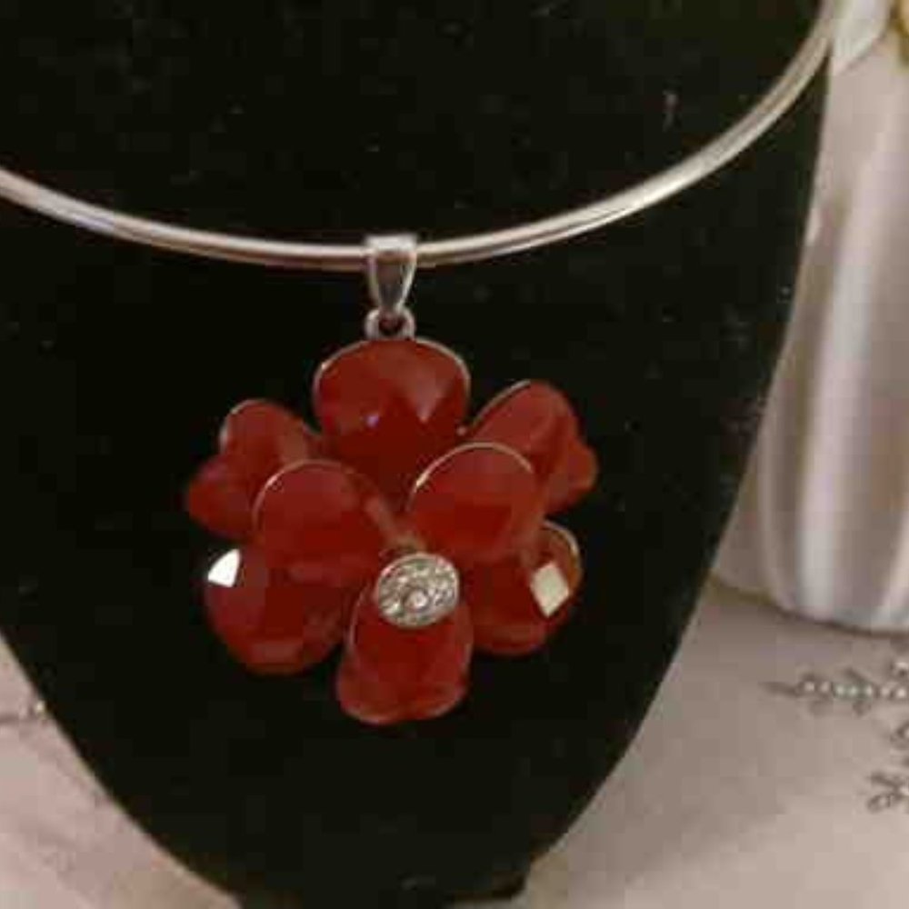 Silver Necklace with a Red Flower and Rhinestone Pendant